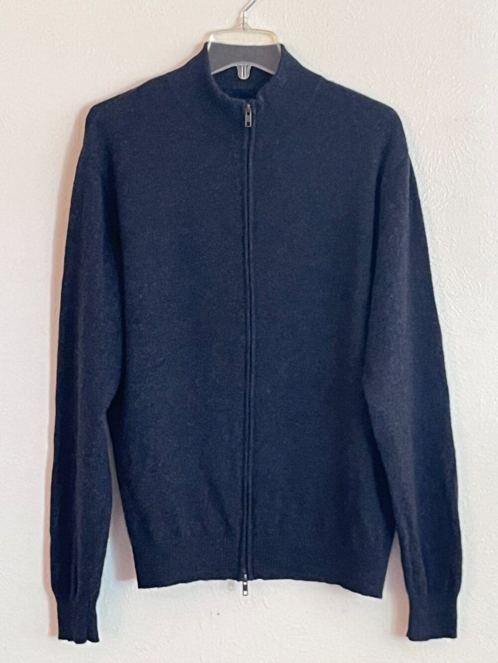 Hammacher Schlemmer Men's XL Washable Cashmere Sweater Navy Full Zip Mock Neck